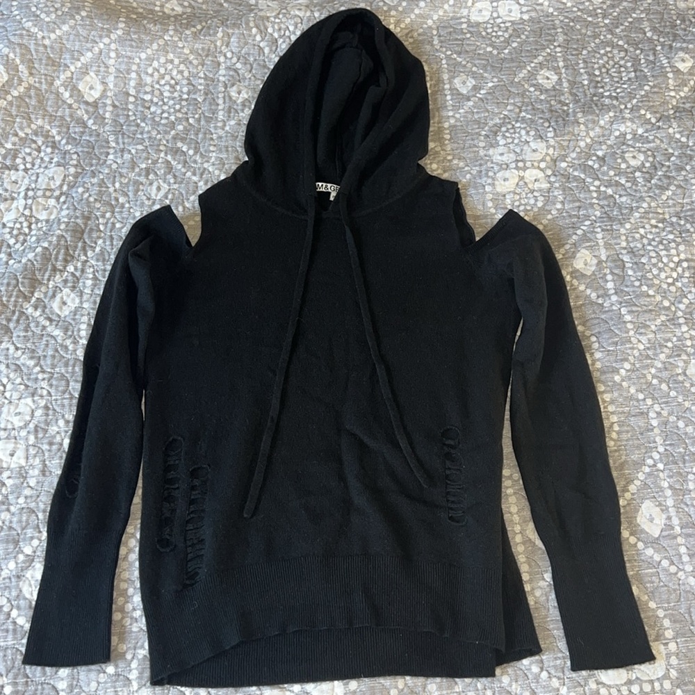 Pam & Gela distressed hooded wool sweater black size petite (small) EUC cutout